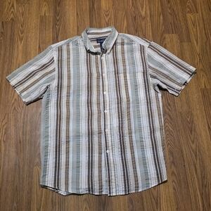 Arnold Palmer Mens M Vintage Golf Vertical Stripe Cotton Ramie Shirt Brown Tan